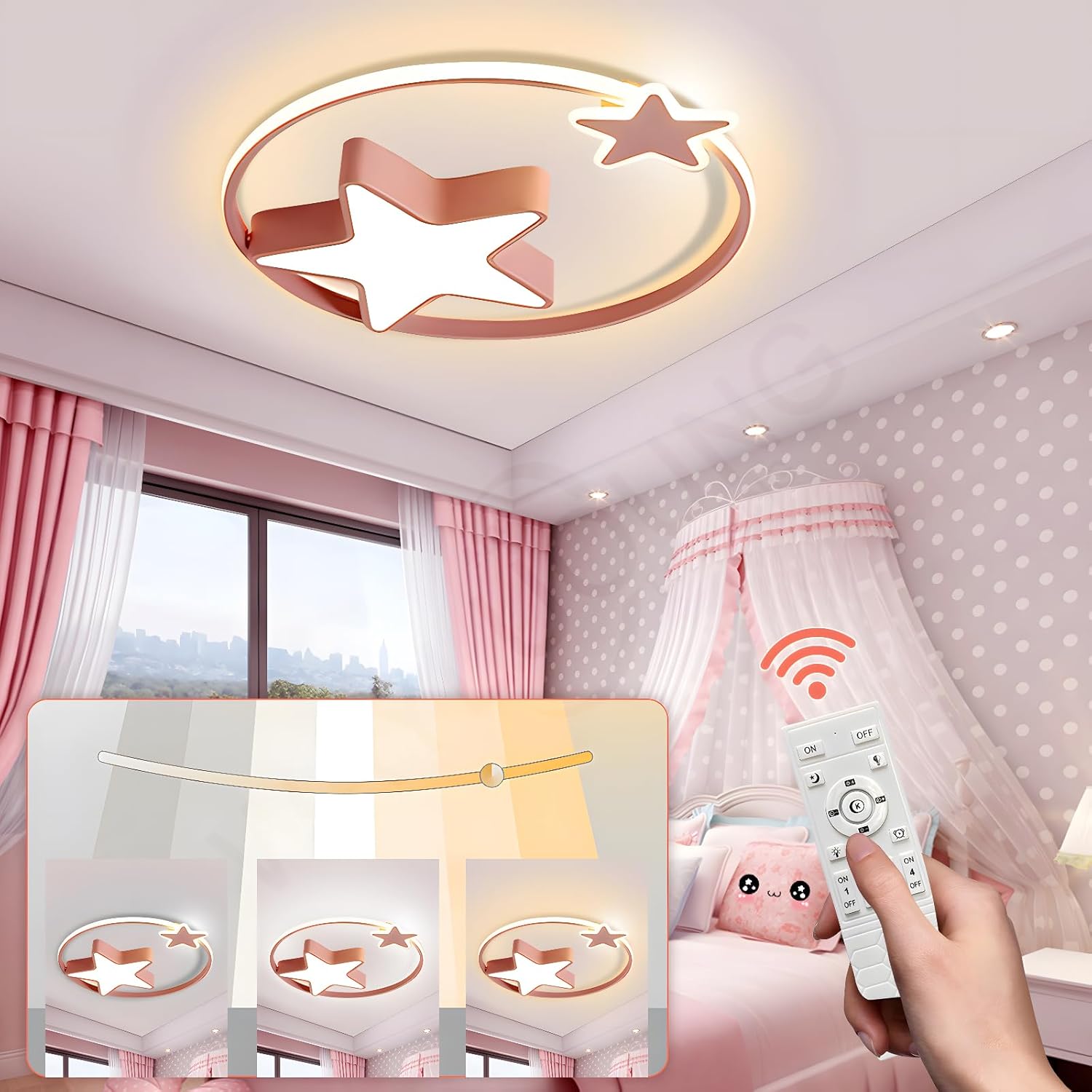 Rosa LED Deckenleuchte | Moderne Runde Kinderlampe | Sterne Sternenhimmel Kinderlicht | Ø55cm 48W | Dimmbar Mit Fernbedienung 2700K-6500K | Kinderzimmer Jungen Mädchen Deckenleuchte Schlafzimmer