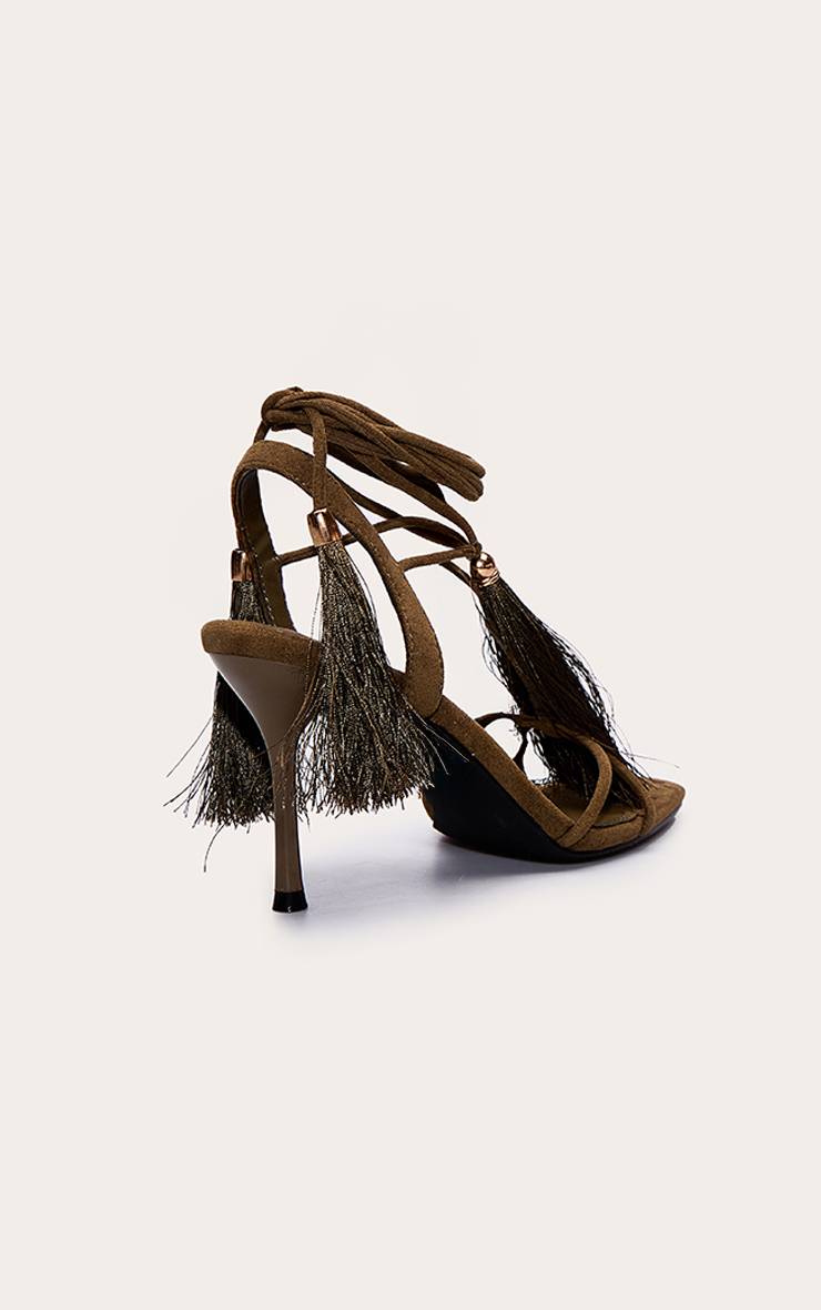 Vert Olive Sandales À Talons À Brides Avec Détails De Franges En Synthétique