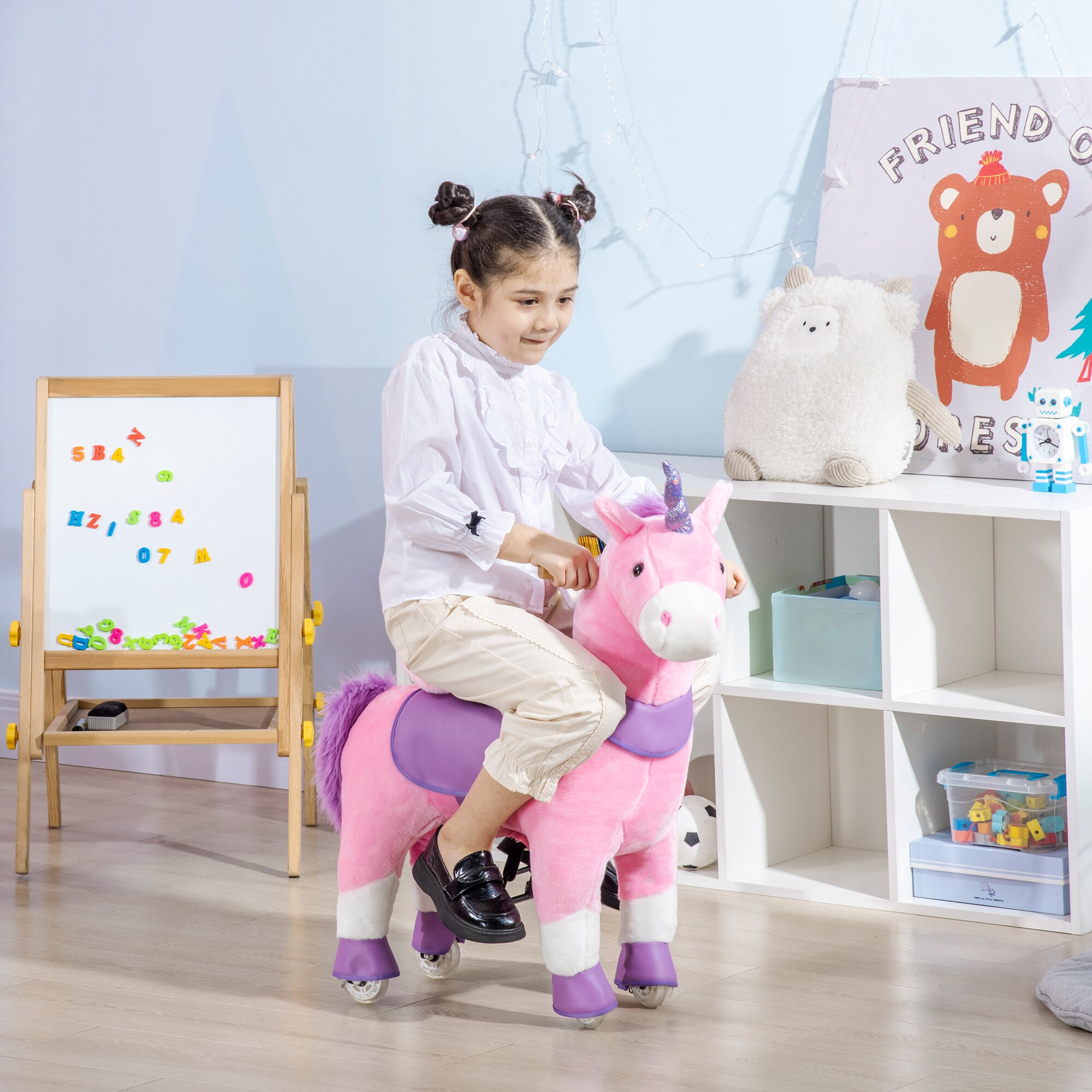 HOMCOM Kinder-Schaukelpferd mit Rollen rosa, lila 70L x 32B x 87H cm