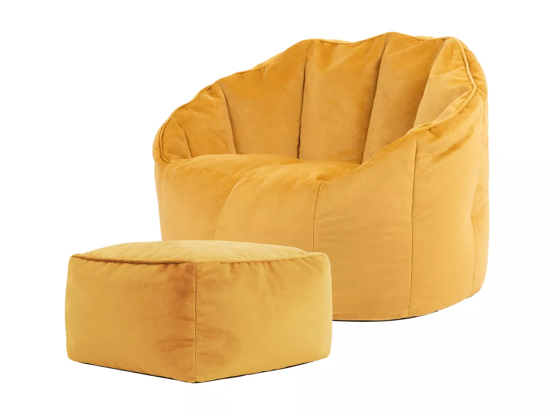 Pouf fauteuil avec repose-pied velours jaune ocre - SIRENA