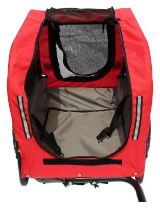 Remorque velo utilitaire maxi 40kg colori rouge avec roues 12  fixation axe de roue arriere - pour transport chien-bagage - 2 ouvertures (avant arrière)   bras supplementaire