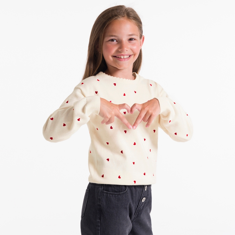 Pull motifs cœurs écru Fille