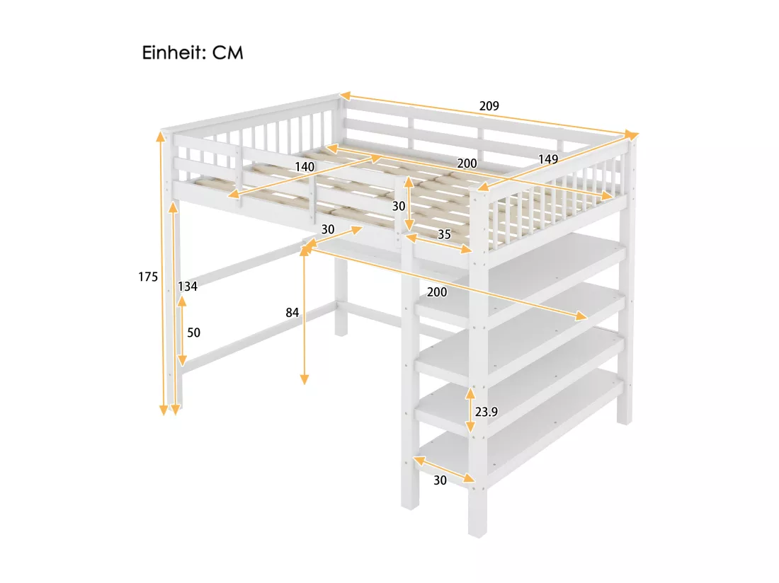 Lit mezzanine 140 x 200 cm avec bureau et étagères de rangement - Bois de pin + MDF - Blanc