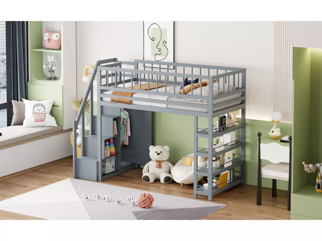 Lit mezzanine 90 x 200 cm - étagères + armoire + espace de rangement - bois massif - gris