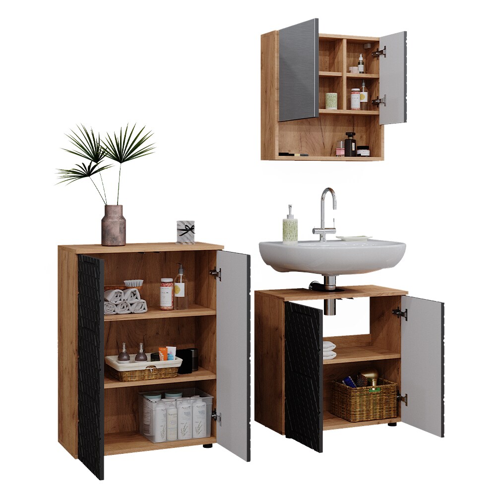 Vicco Badmöbel-Set Irma Eiche Anthrazit 3-teilig Kommode Waschbeckenschrank 60 cm