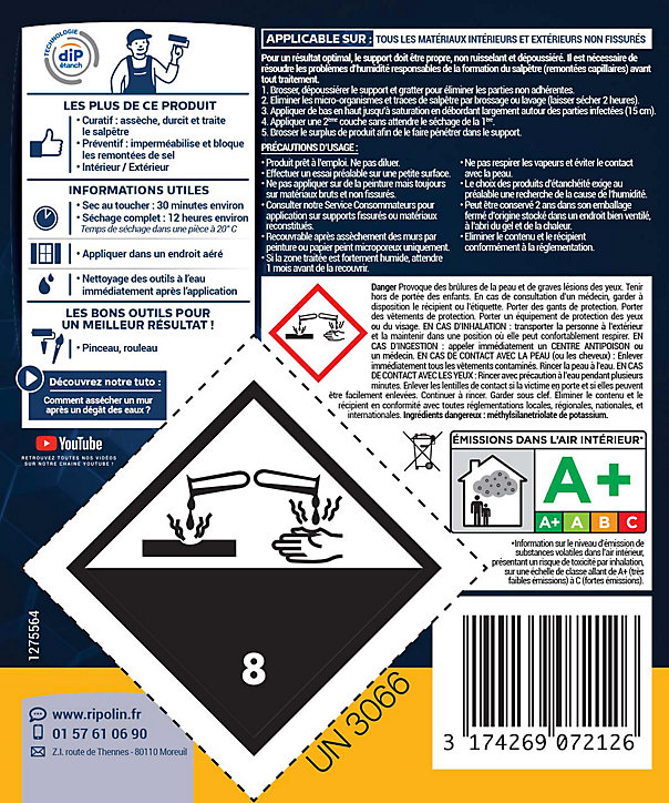 Traitement murs humides et salpêtre intérieur extérieur incolore Ripolin 2,5L