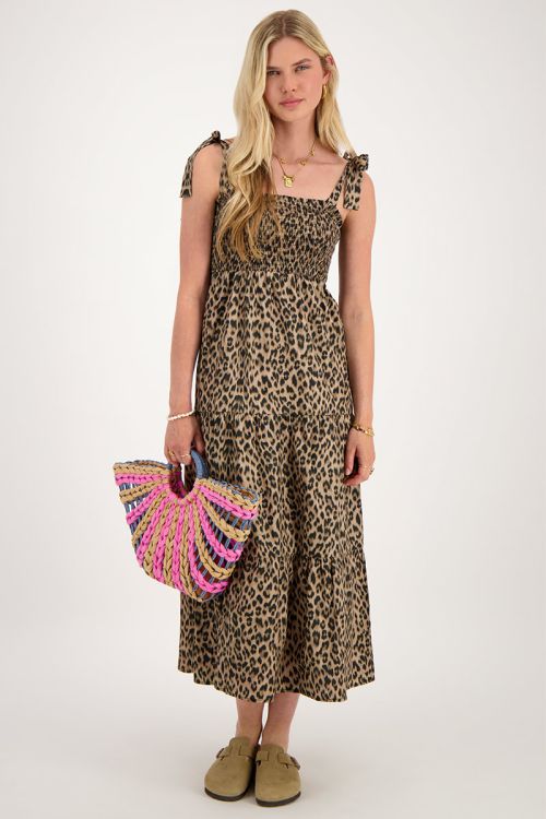 Midi jurk met smock en panterprint