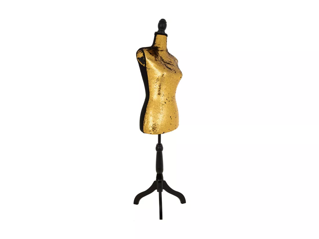Mannequin en bois et mousse habillé de tissu doré 24x37,5x168h