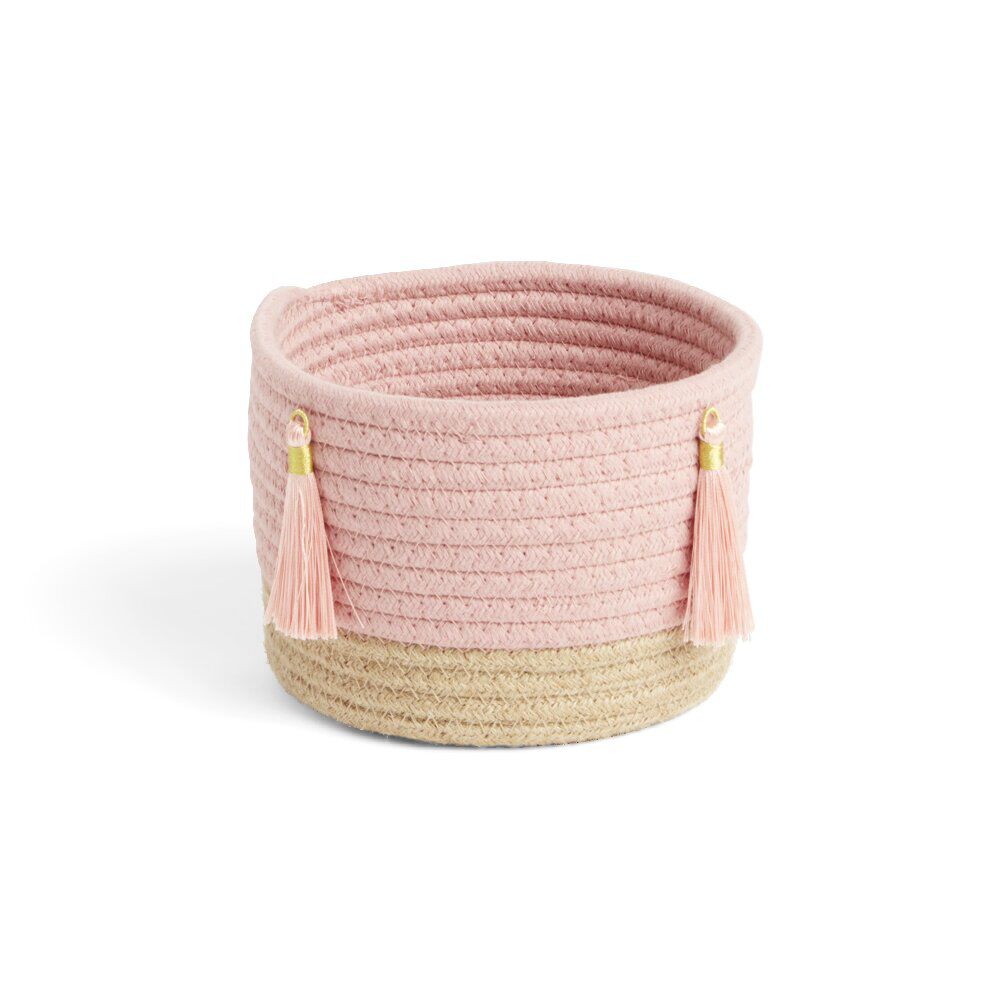 Panière naturelle jute coton beige et rose Ø16xH14cm
