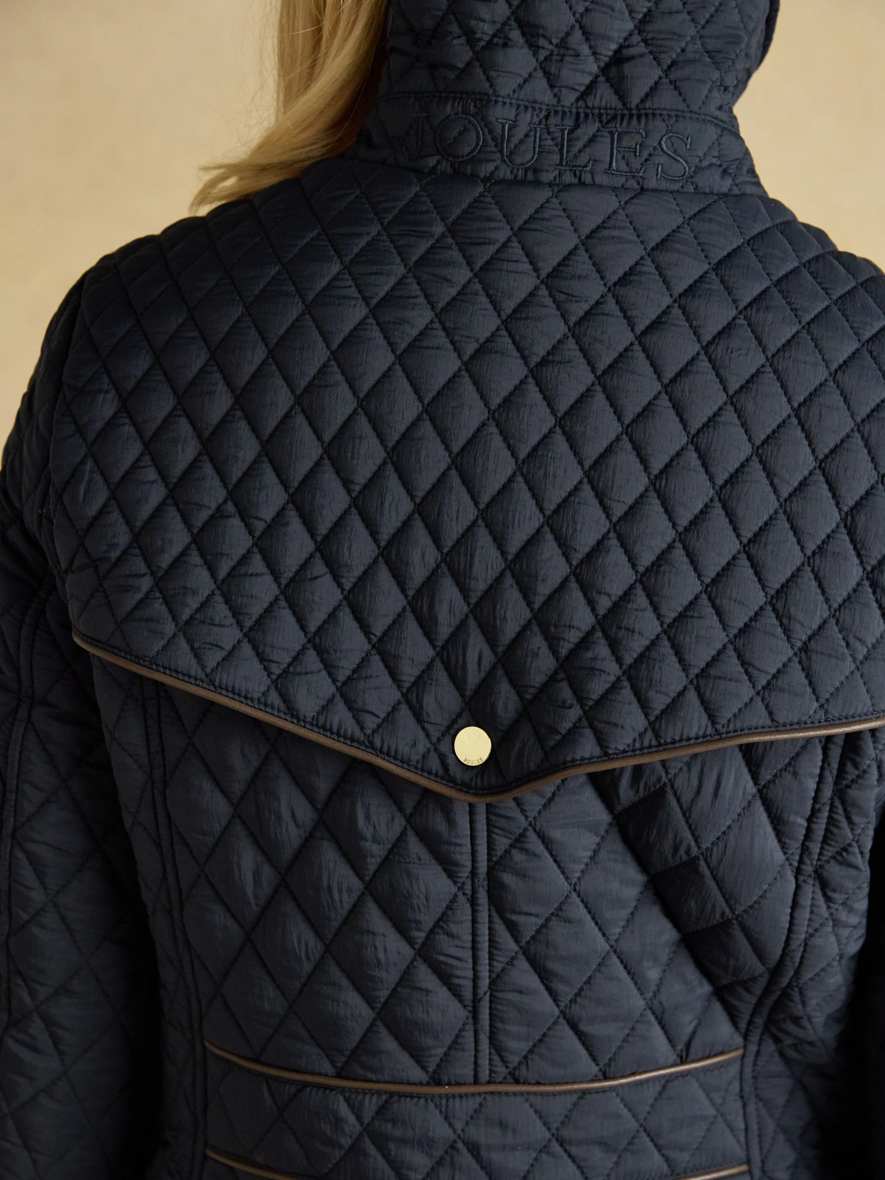 Marineblauw - Joules Rosewell Longline Diamond Quilted Showerproof Coat with Collar