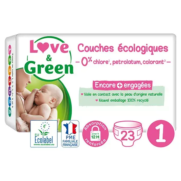 Fraldas hipoalergênicas Love & Green, tamanho 1 (2-5 kg), pacote com 23 unidades.