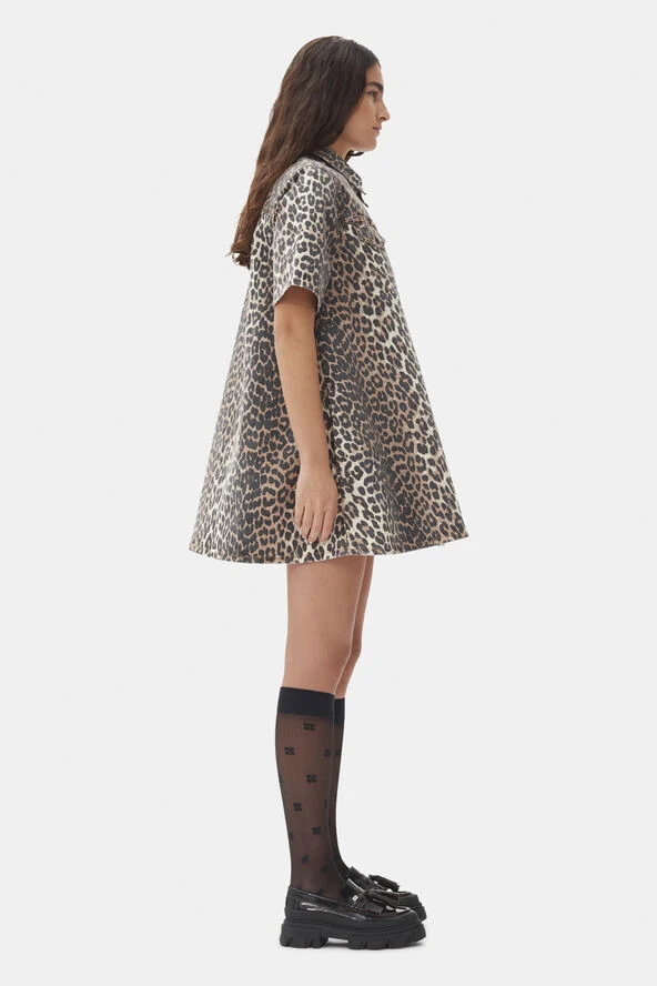 Ganni Print Denim Mini Dress Leopard