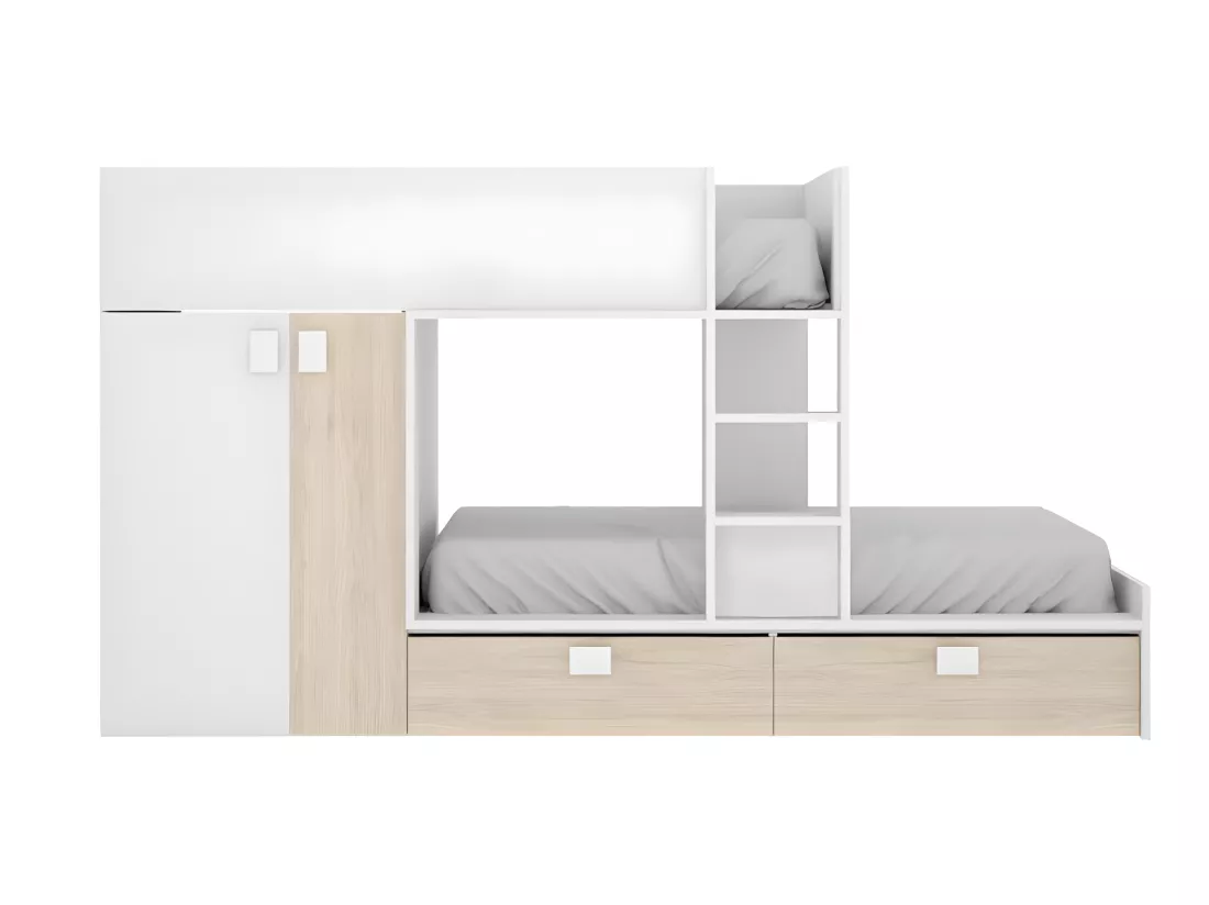 Lits Superposés 2 x 90 x 190 cm - Armoire intégrée - Blanc et naturel - JUANITO