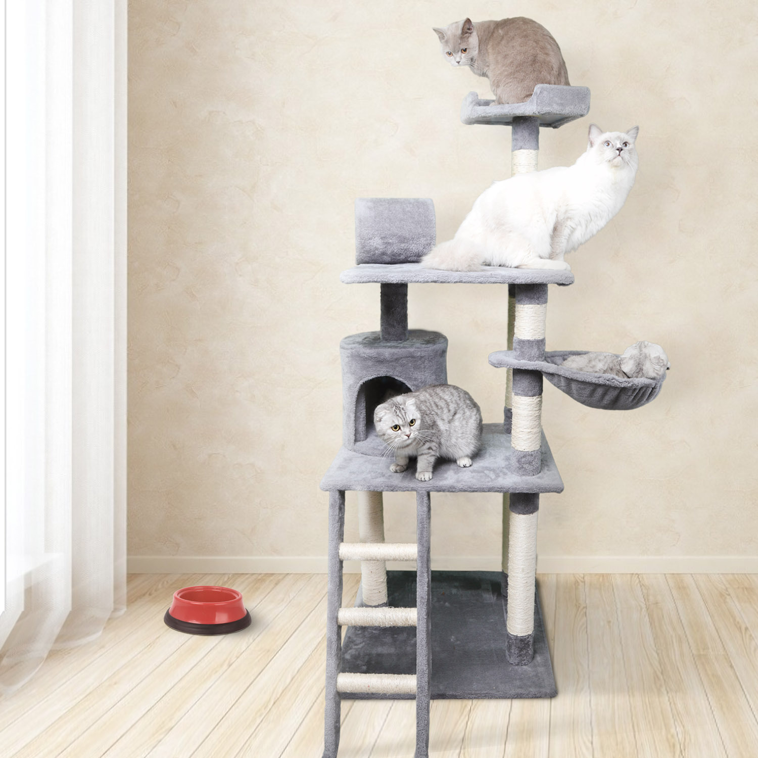 Árvore para Gatos Nobleza Deluxe com Múltiplas Plataformas, Poste de Sisal, Toca para Descanso e Rede. Cinza e Bege. (59*59*156)cm