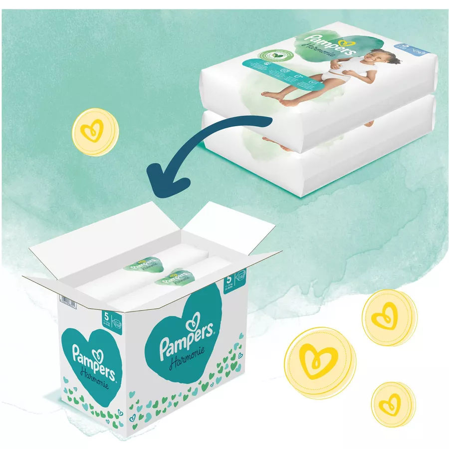Pampers Windel-Set Harmonie Gr. 5, 11-16 kg (152 Windeln) und Feuchttücher Aqua 720 Tücher (15 x 48 Stk)