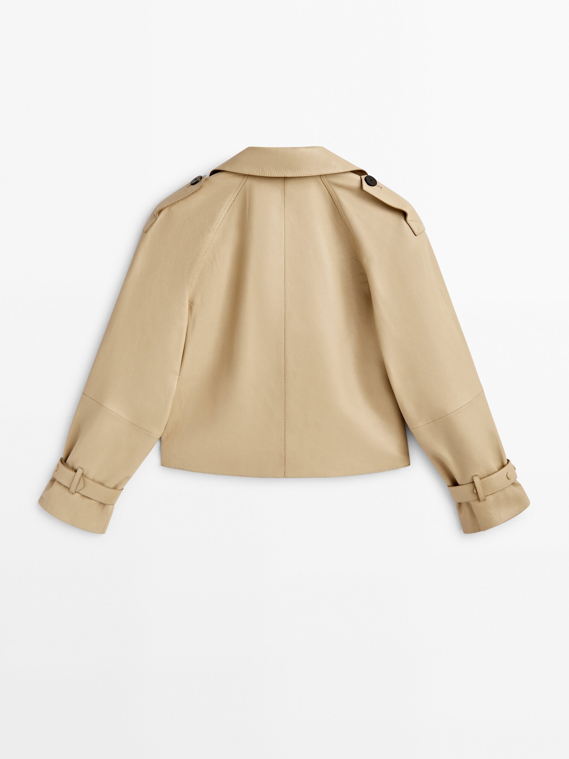 Jaqueta cropped de couro estilo trench coat - BEGE