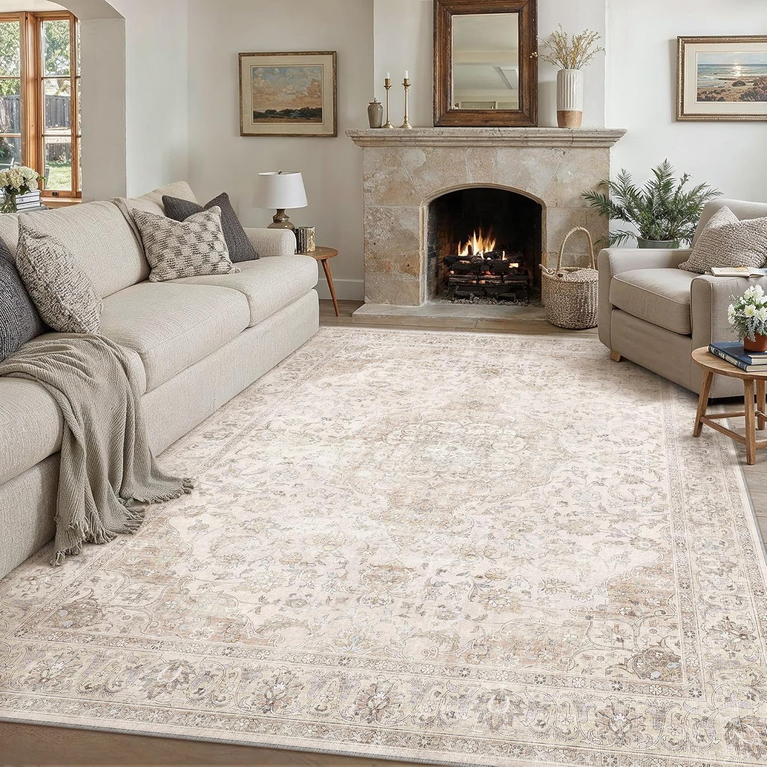 Teppich Wohnzimmer 200x300cm Waschbarer Vintage Beige Tepich for Schlafzimmer kurzflor rutschfest Weich Böhmischen Groß Retro Carpet für Küchen Esszimmer Bedroom Büro Living Room