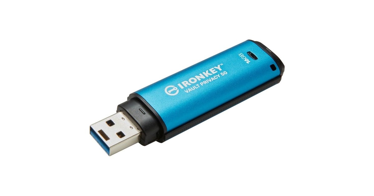 KingstonIronKey Vault Privacy 50 16 GB usb-stick  (Lichtblauw/zwart, USB-A 3.2 Gen 1 (5 Gbit/s))