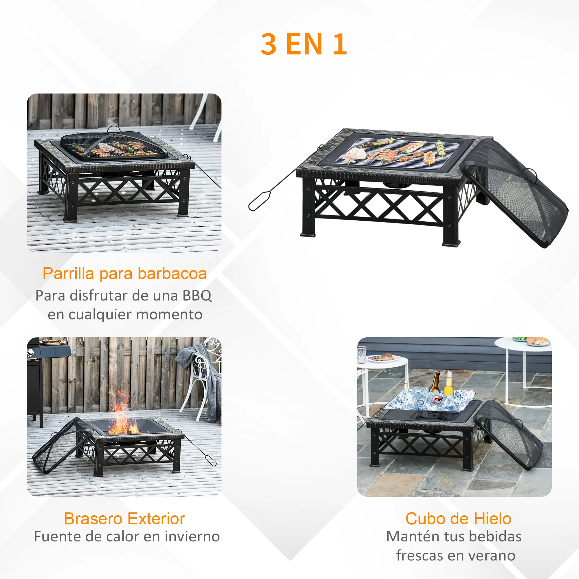 Aquecedor de lareira externa Outsunny 76x76x47 cm multifuncional 3 em 1, com balde de gelo quadrado, novo estilo para aquecimento de churrasqueiras, terraços e jardins, preto.