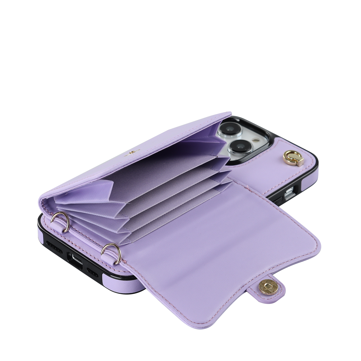 iPhone 12 / iPhone 12 Pro Necklace Leder Schutz Hülle mit Kartenfach   Handykette (140cm) - Lila