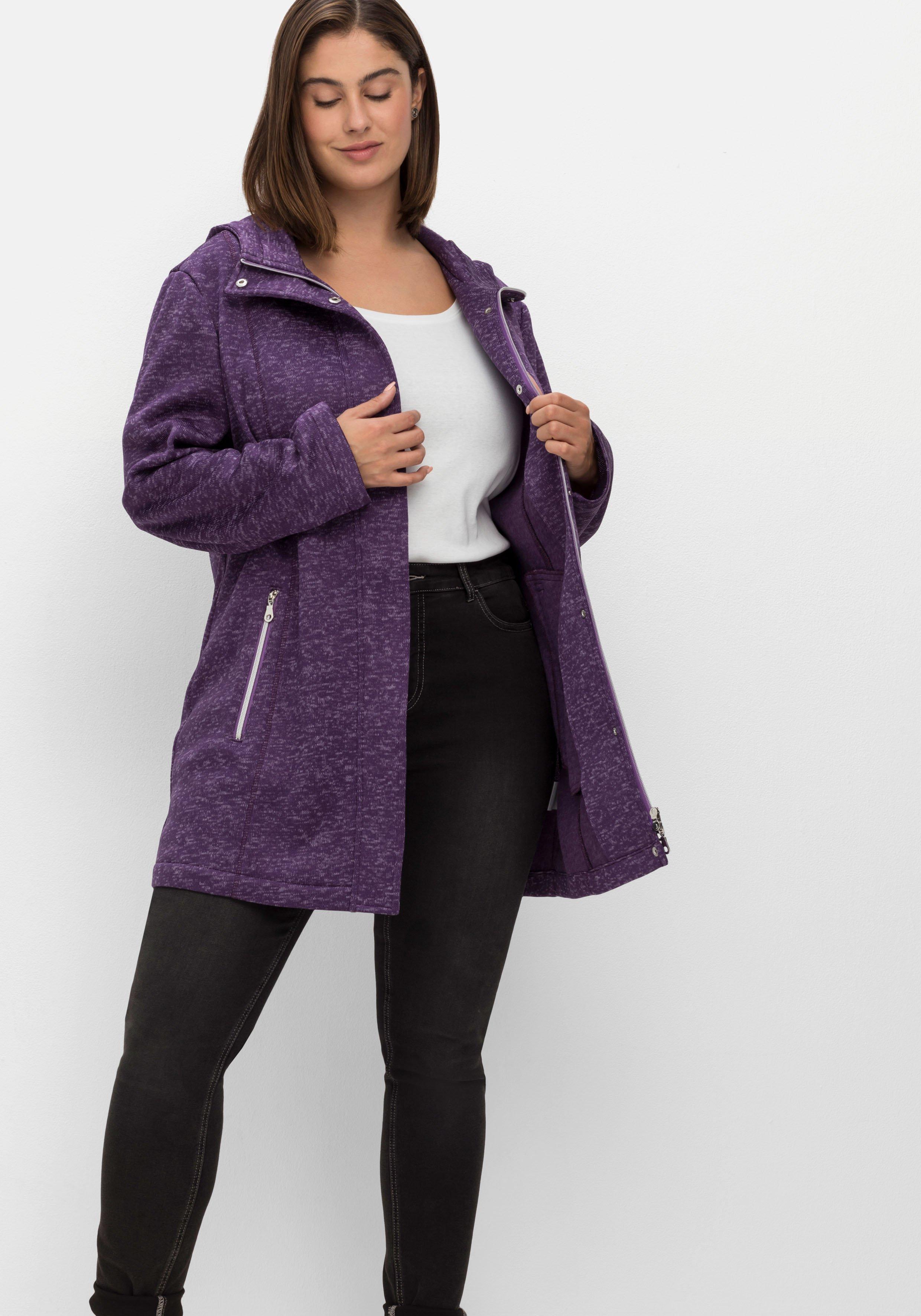 Lange melierte Strickfleecejacke mit Kapuze