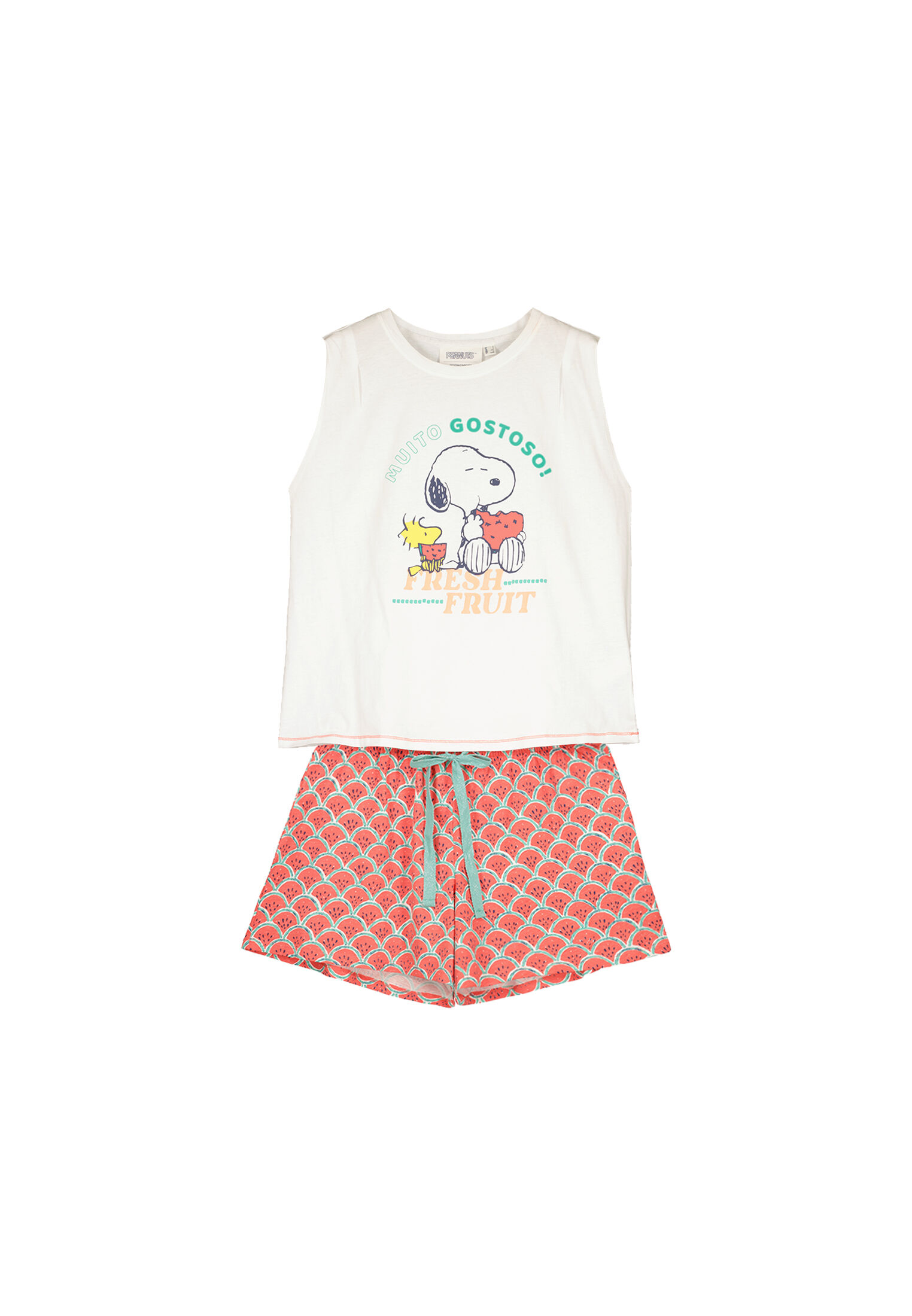 Pijama curto Snoopy Melancia com alças, 100% algodão - Bege