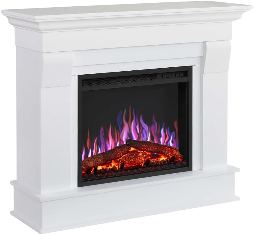 Elektrokamin Albion AF24, Elektrischer Standkamin mit Heizung 1800 W, realistischer 3D-Flammeneffekt, LED-Beleuchtung, Fernbedienung, Timer, Thermostat, Knistereffekt, MDF (Weiß)