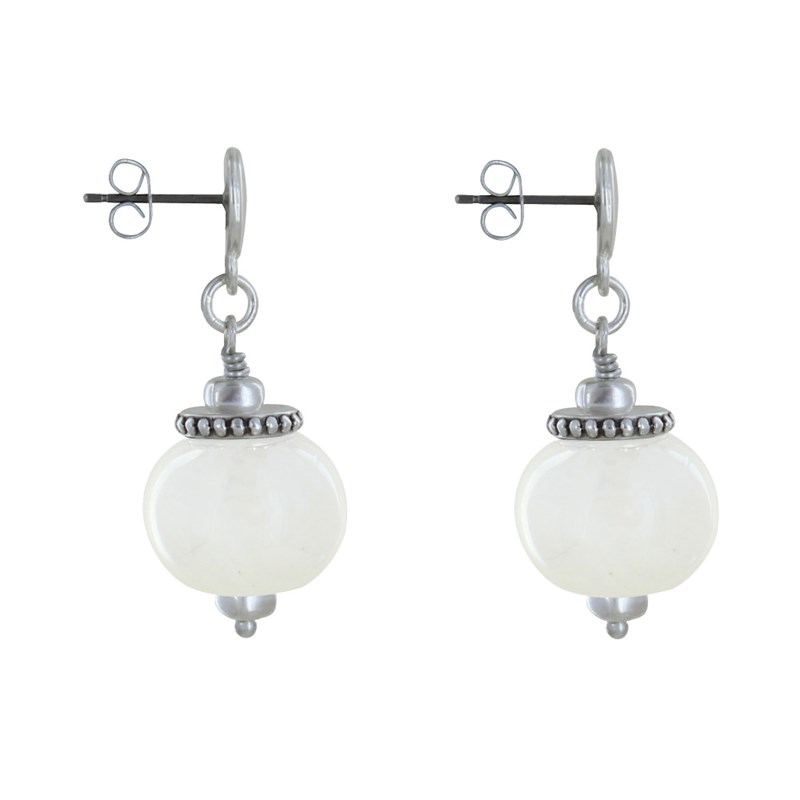 Boucles d'Oreilles Clous Métal Argenté et Grosses Perles en Céramique