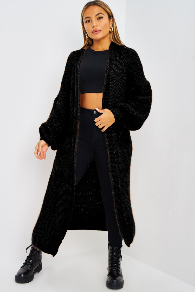 Gilet long pailleté noir en mailles