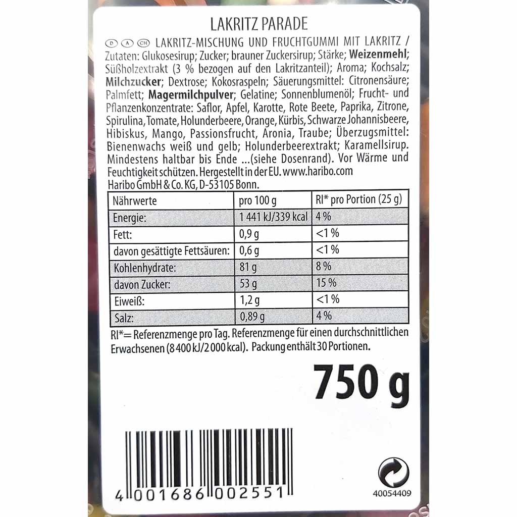 Haribo Lakritz Parade 750g Dose MHD:30.9.25