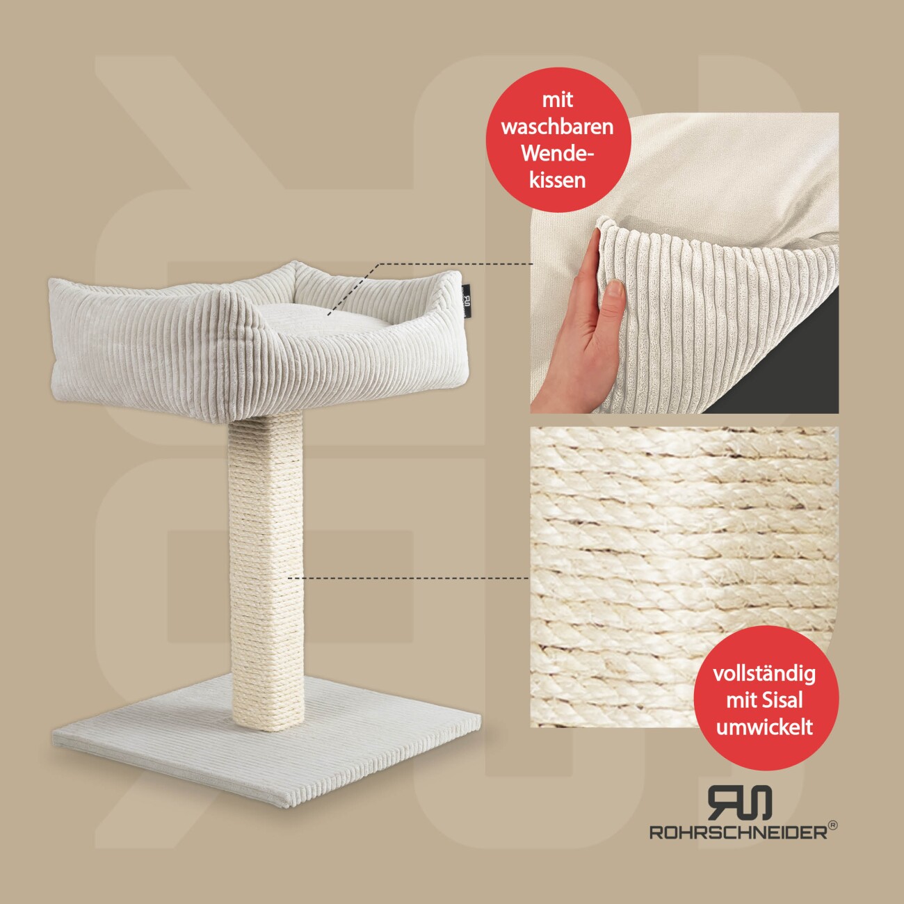 Rohrschneider ® Katzenbaum Wolly mit kuscheligem Katzenbett, waschbarer Kissenbezug