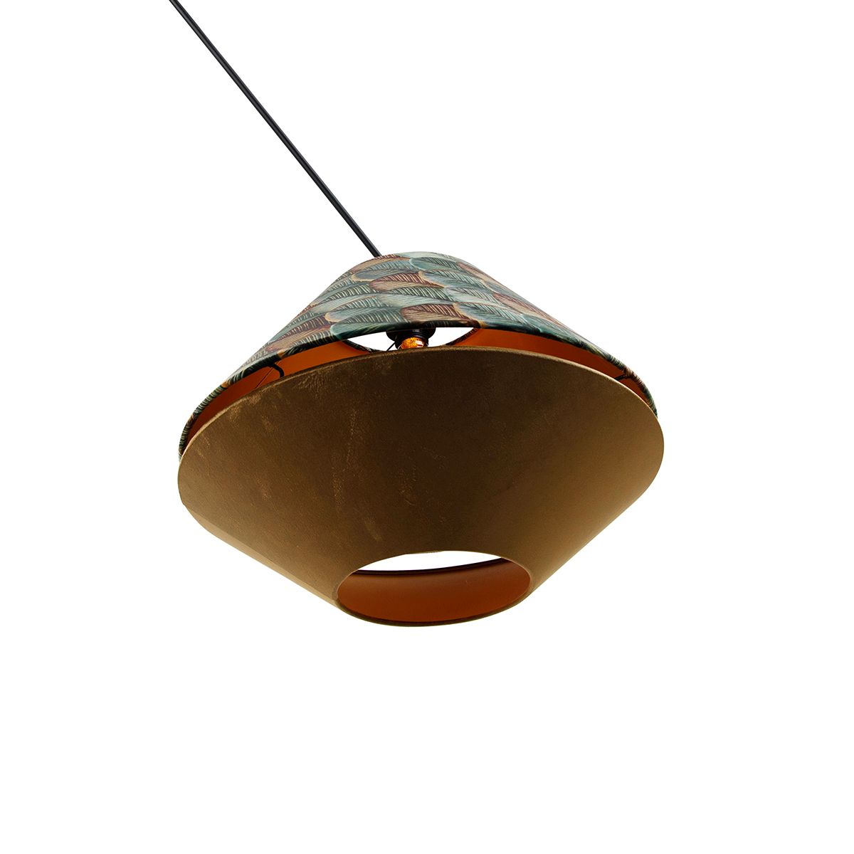 Hanglamp zwart met dubbele velours lampenkap blad dessin en beige - Blitz