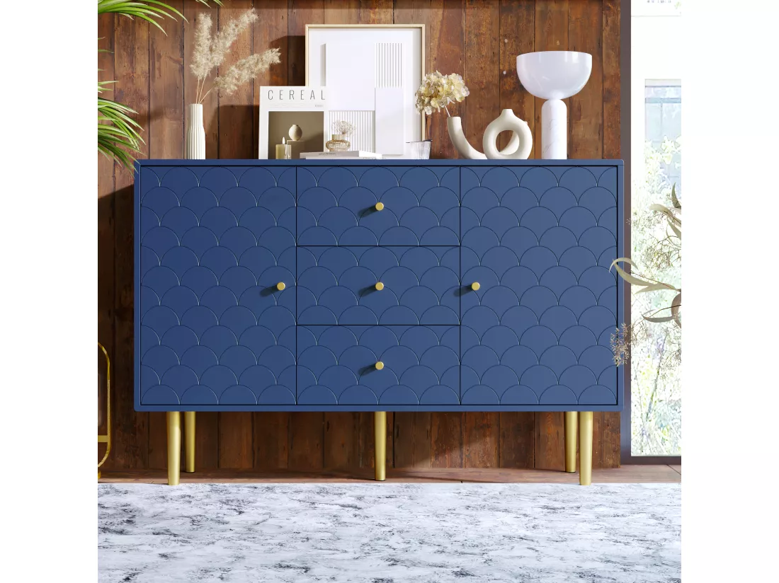 Commode avec 2 portes et 3 tiroirs, Etagère réglable, Bois massif + panneaux de Particules, Bleu marine - H82/L120/P40 cm