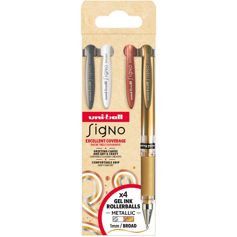 Uni-Ball Rollerball Signo broad Metallic UM153, 4 Stück, gold/silber/bronze/weiss, 1 mm