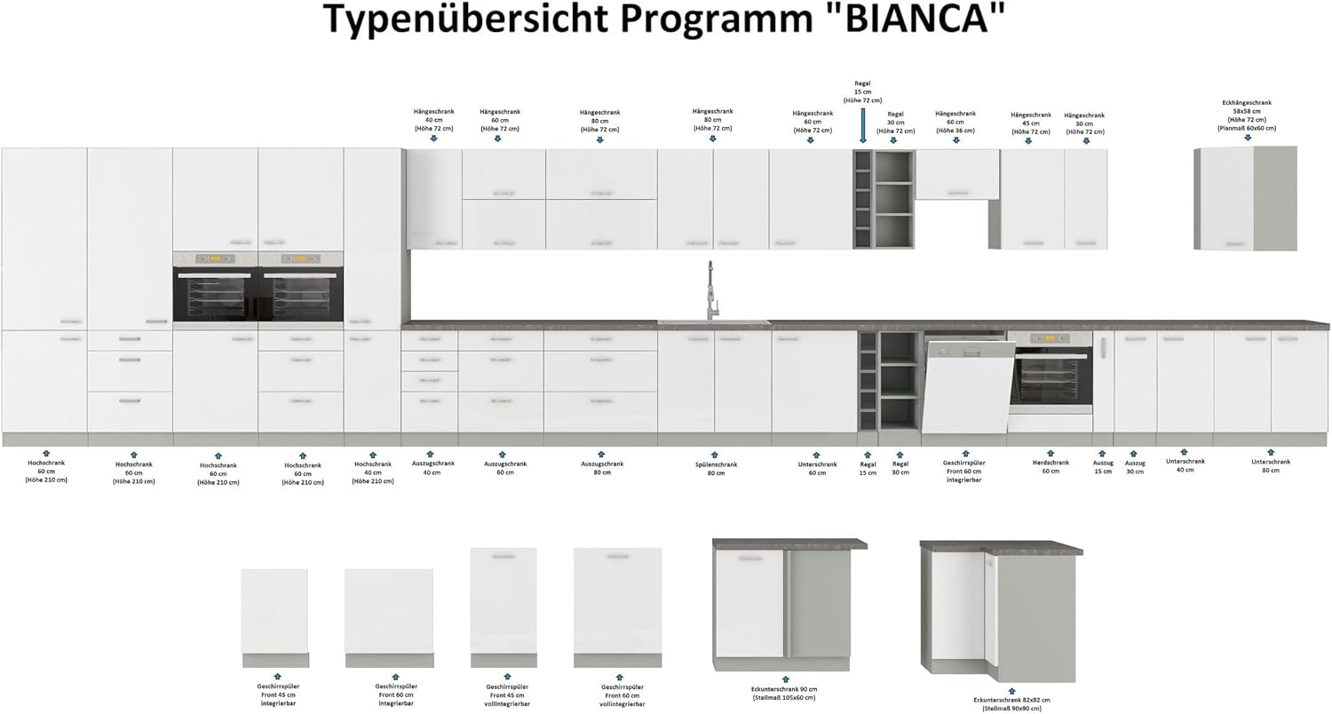 Küche Bianca I 240 + 160 cm Küchenzeile Hochglanz weiß Küchenblock Einbauküche