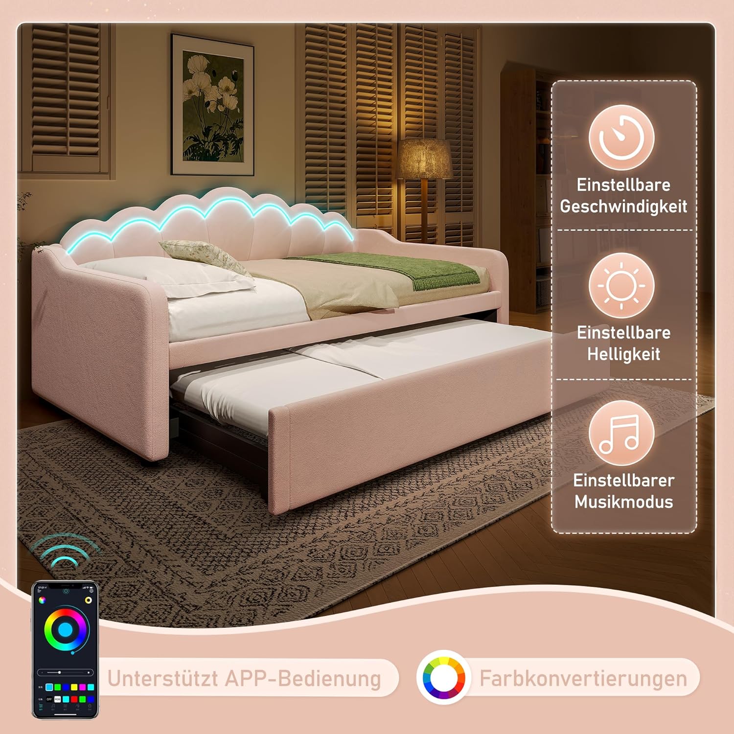 Merax Tagesbett 90×200 cm (ausziehbar auf 180×200 cm) Schlafsofa mit farbwechselndem LED-Streifen, Praktisches Ausziehbett, Bettrahmen mit Lattenrost (ohne Matratze), Samt, Rosa
