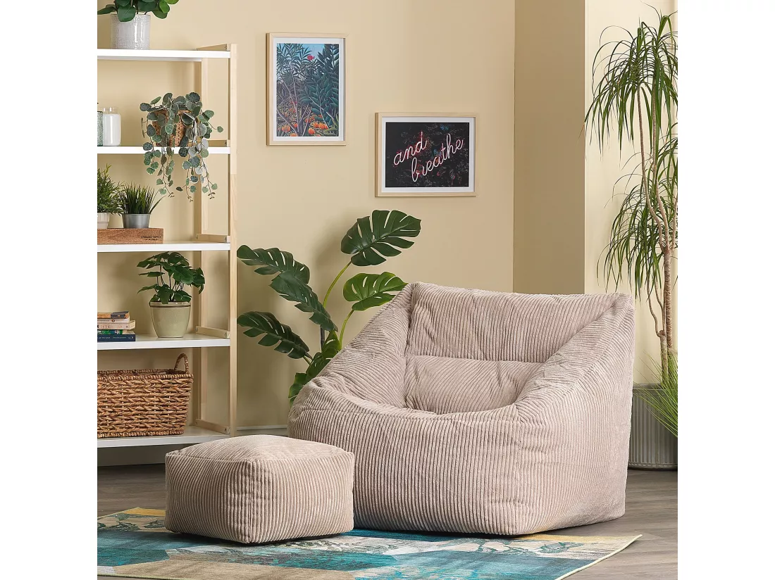 Pouf fauteuil et son repose-pieds carré velours côtelé beige - MORGAN