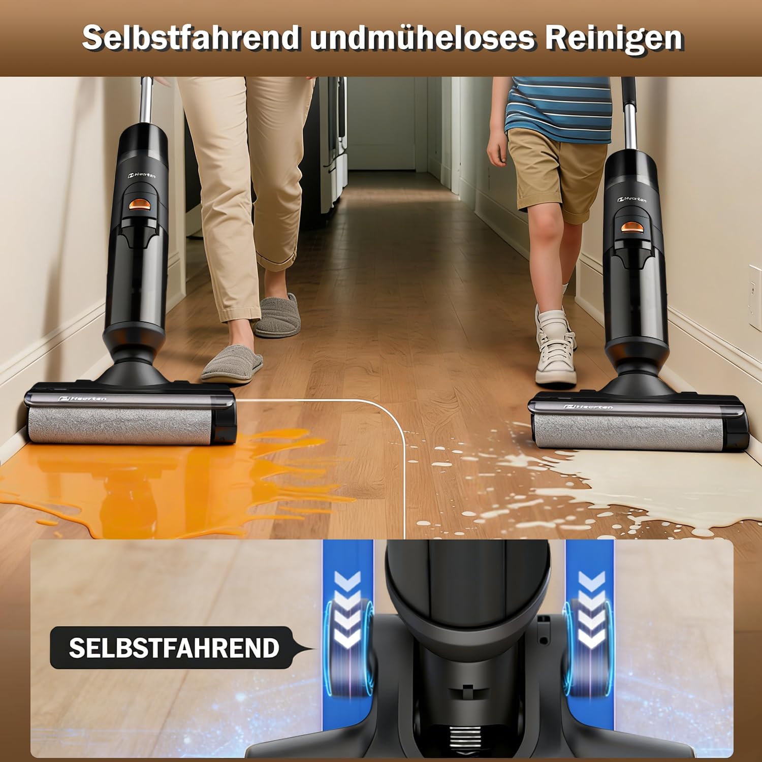 Hearten Nass Trockensauger Akku,Saugwischer Kabellos,Selbstreinigung/Leichtes Kabelloses/Anti-Verwicklungs LED-Display,Wet Dry Vacuum für Hartböden sowie Haushalte mit Haustieren und Kindern