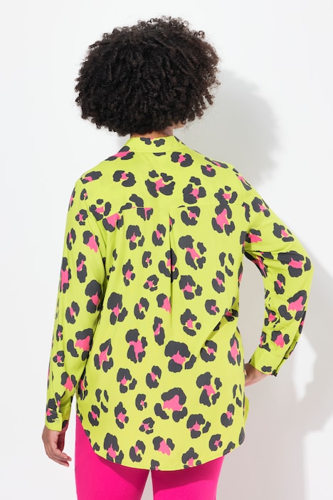 Bluse, A-Linie, farbiges Leomuster, Langarm
