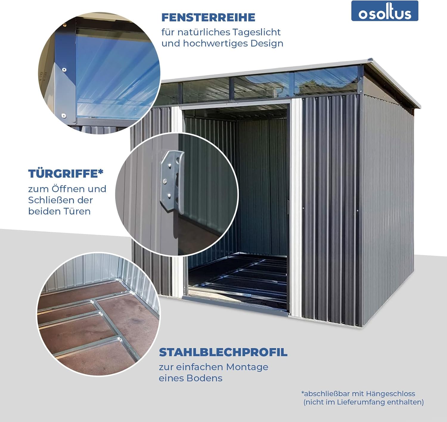 Gerätehaus Metall Pultdach Geräteschuppen Skylight Gartenlaube 5,6m² (B 238cm x T 238cm x H 202cm)