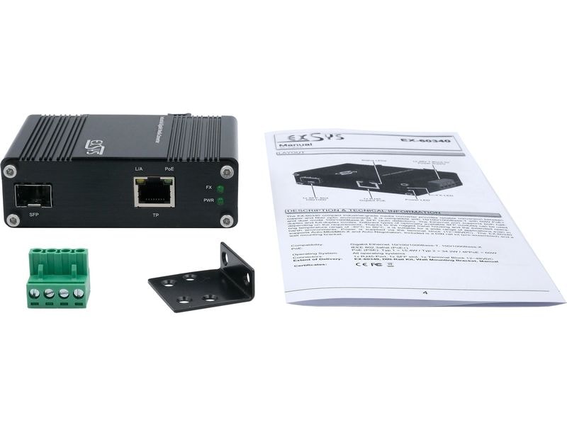 Exsys Medienkonverter EX-60340, 60W, SFP, mit PoE PoE  Medienkonverter 10/100/1000Base-T zu SFP