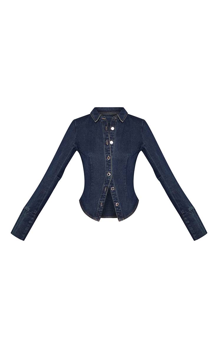 Bleu Indigo Foncé Veste En Jean Cintrée À Manches Longues Pour Grande Taille