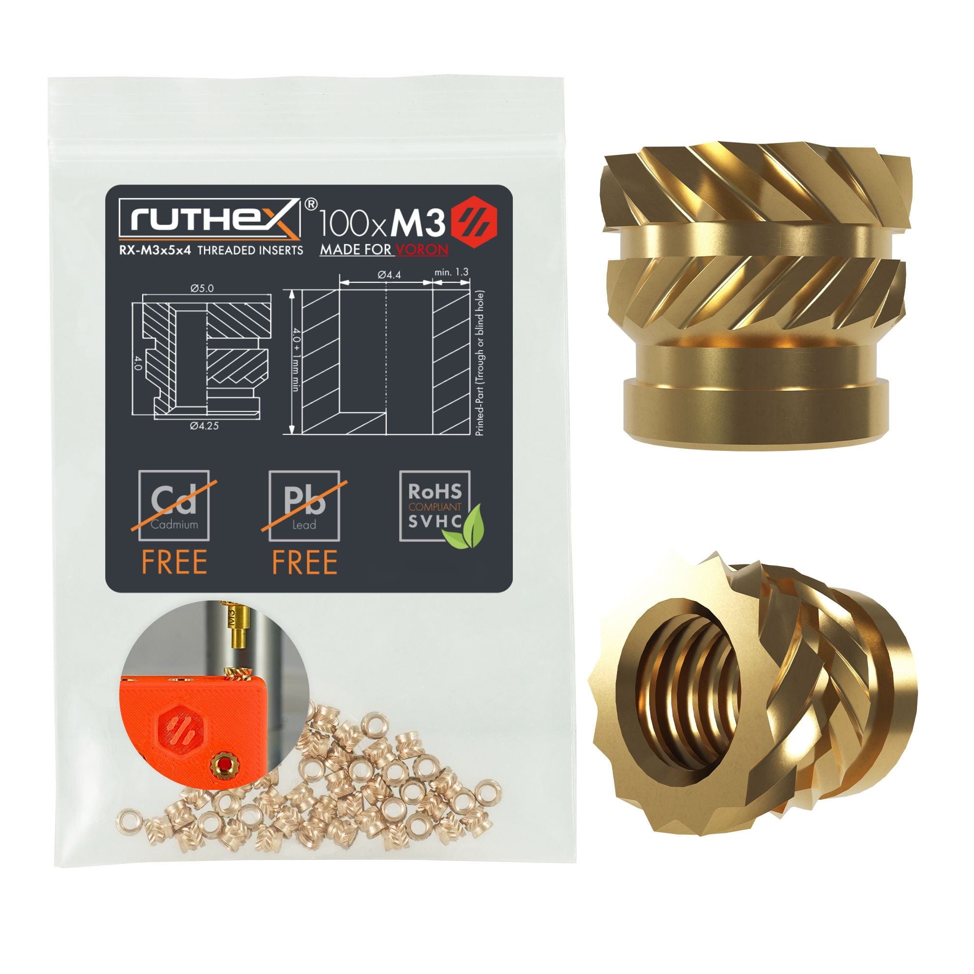 ruthex  Gewindeeinsatz M3 Voron (100 Stück), M3x5x4    Hochwertige Gewindebuchsen aus Messing