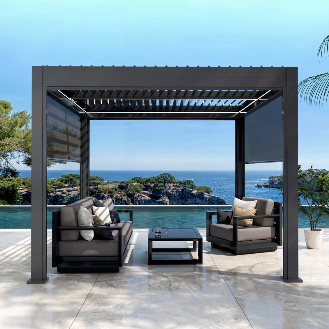 Pergola bioclimatique Autoportée motorisée aluminium et LED (3 x 3 m) Gris anthracite