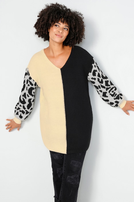 Long-Pullover, oversized, Rippstrick, Leo-Ärmel, V-Ausschnitt