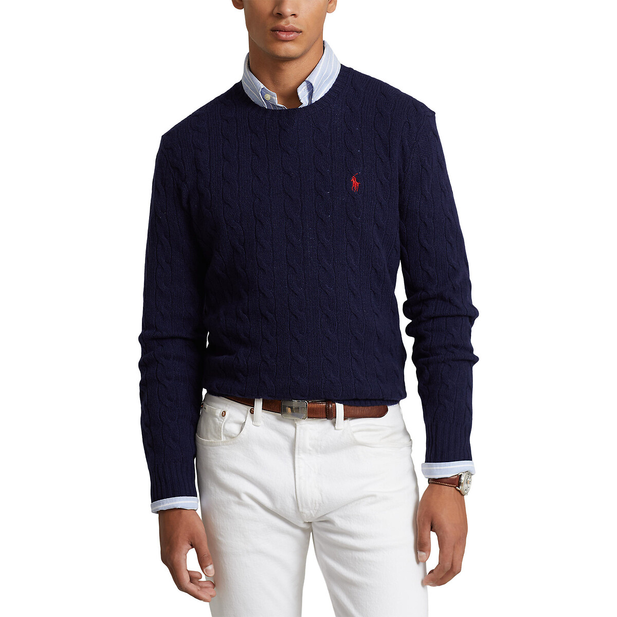 POLO RALPH LAUREN<br>Suéter de gola redonda em lã e cashmere, com padrão de tranças