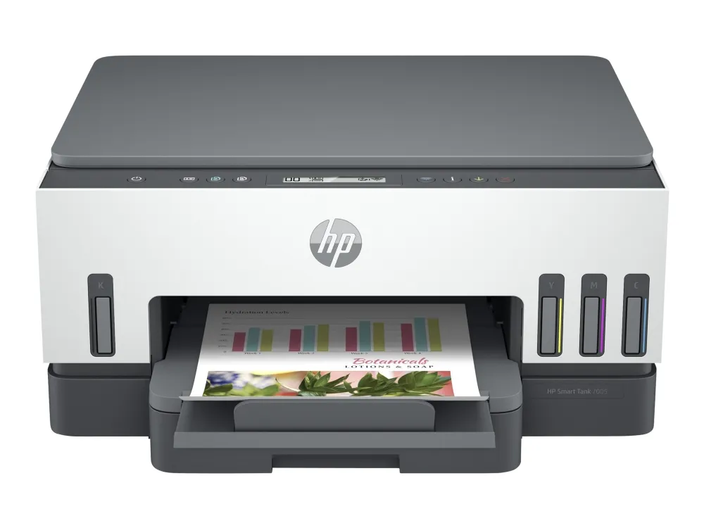 HP Smart Tank 7005 All-in-One - Multifunktionsprinter - farve - blækprinter - kan genopfyldes - Letter A (216 x 279 mm)/A4 (210 x 297 mm) (original) - A4/Legal (medie) - op til 15 spm (udskriver) - 250 ark - USB 2.0, Wi-Fi(ac), Bluetooth