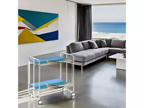 Chariot pliant à roulettes, table pliante roulante, desserte - Structure métallique blanche, 2 niveaux en stratifié motif Galets, Plage - 72*66*43 cm - BAUHAUS