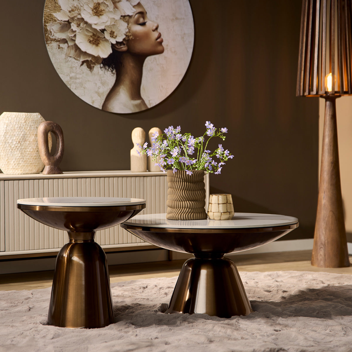 StarFurn - Salontafel Rond Wit Marmer - Set van 2 - 75x75x41cm - Alix