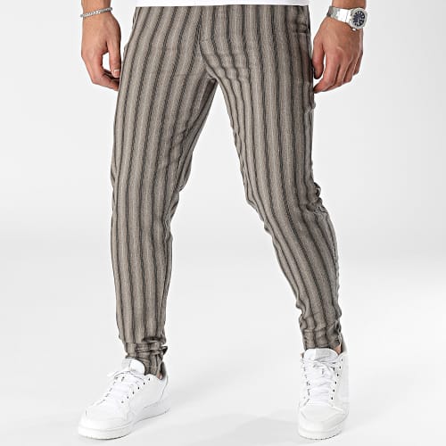 Pantalon Chino A Rayures Marron Beige Noir